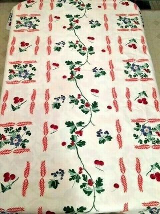 Vintage Cotton Tablecloth White,  Red Green,  Cherries,  Blueberries,  52 " X70 "