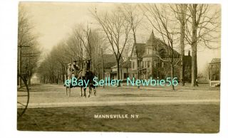 Mannsville Ny - Horse & Carriage On Residential Street - Rppc Postcard