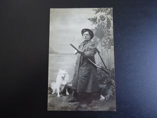 Women Holding A Shotgun With Dog Early 1900 