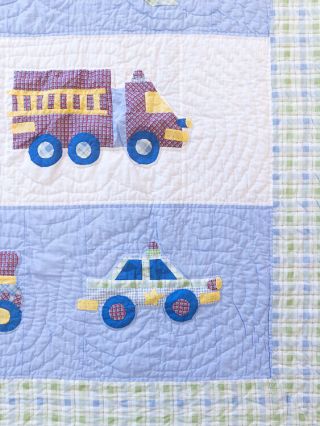 Children ' s Twin Blue White Quilt Planes Trains Trucks Cover Blanket 86 