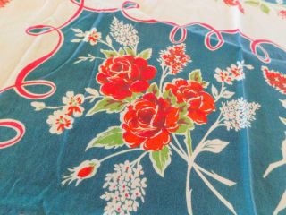 Vintage Cotton Printed Tablecloth Red Roses & Lilacs Dark Turquoise 48 " X 52 "