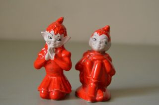 Vintage Pixie Elf Red Suit Praying Salt And Pepper Ceramic Made In Japan