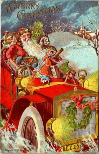 Santa Claus In Old Car With Toys Antique Embossed Christmas Postcard - B602