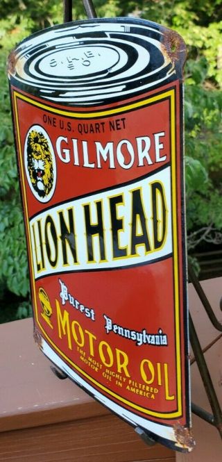 VINTAGE OLD GILMORE LION HEAD MOTOR OIL CAN PORCELAIN DEALER ADVERTISING SIGN 2