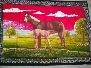 Vintage Horse Tapestry Wall Hanging Rug Velvet Equine Design 58 " X 36 "