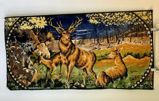Vintage Wall Tapestry Elk Stag Deer Doe Buck In Field Outdoors Trees 20 " X 39 "