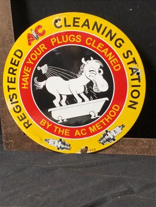 Vintage Porcelain Ac Spark Plug Cleaning Station Gas And Oil Sign