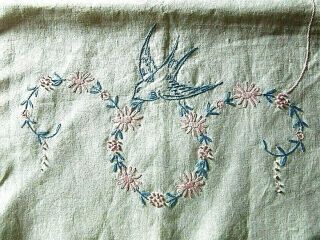 Vintage Embroidered Dresser Scarf Table Runner Birds / Flowers Pastels 2
