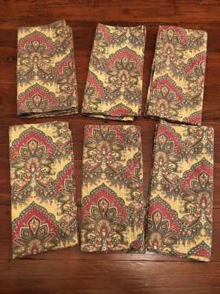 Vintage Paisley Cloth Napkins Berry Red Turquoise Tan Brown Gold 19” Sq Boho