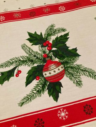 Vintage Christmas Mid Century Print Tablecloth Holly Sprigs Ornaments 68 " X52 "