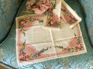 3 Lovely 1950s Antique Pink Napkins Cotton Pink Floral Chic Chic Garden Style G
