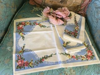 3 Lovely 1950s Antique Blue Napkins Cotton Pink Floral Chic Chic Garden Style G