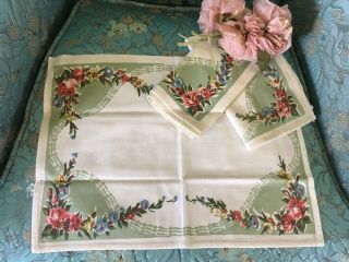 3 Lovely 1950s Antique Greennapkins Cotton Pink Floral Chic Chic Garden Style G