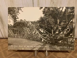 Clear Lake Iowa Ia 1946 Rppc Bayside Amusement Park Roller Coaster,  Riders,  Bike