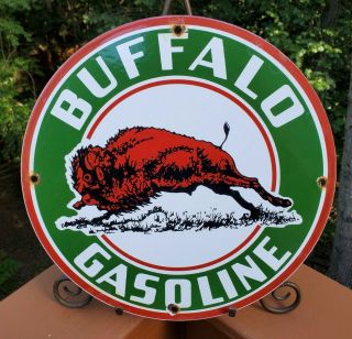 Old Vintage Green Buffalo Gasoline Motor Oil Porcelain Gas Pump Station Ad Sign