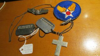 Wwii Us Army Air Force Pilot Dog Tag Group Sterling Silver Chian Wings Patch Pin