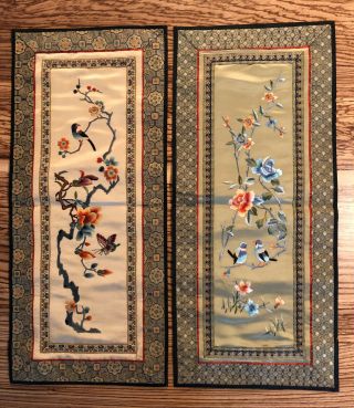 Pair Vintage Chinese Silk Embroidered Wall Hangings Flowers & Birds 25.  5 " X 11 "