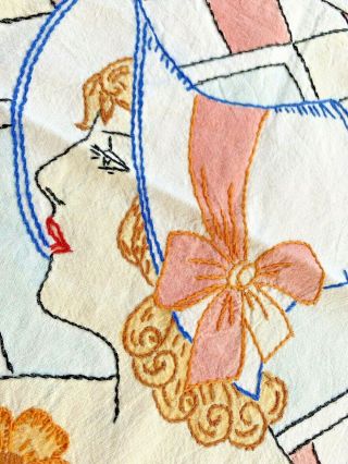 Vintage Embroidered Pillow Cover Lady Wearing Hat 1920 