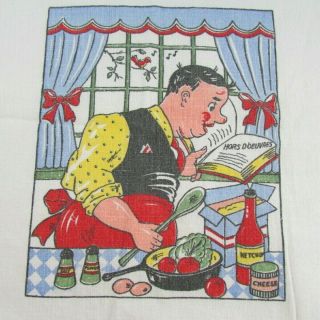 Humorous Tea Towel Man In Kitchen Cooking P&s Creations? Cotton Vintage 1950s