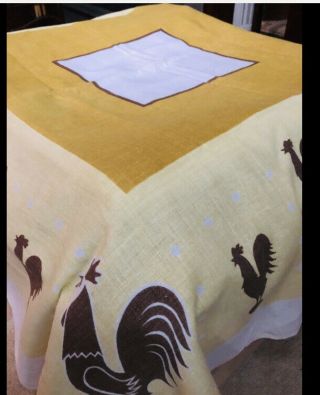 Vtg Kitchen Rooster Linen Tablecloth 50 " X 52” Square Yellow Gold Brown White
