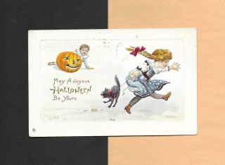 Boys Play Jol Prank,  Frightened Girl & Black Cat Vintage 1913 Halloween Postcard