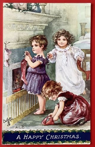 Tuck Christmas Postcard Series C218 A/s A.  L.  Bowley Girls Hang Stockings