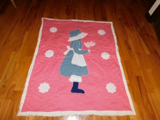 Sunbonnet Sue Small Applique Quilt Handmade Hand Quilted Pink And Blue