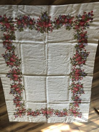 Adorable Luther Travis Linen Tablecloth With Cherries,  Berries,  Pears 48x 63