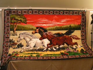 Trio Of Wild Mustang Horses Large 39 " By 56 " Black Velvet Wall - Hanging Tapestry