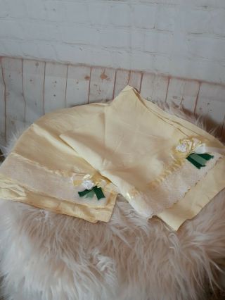 Set Of 2 Vintage Lace Yellow Silk Standard Size Pillow Cases