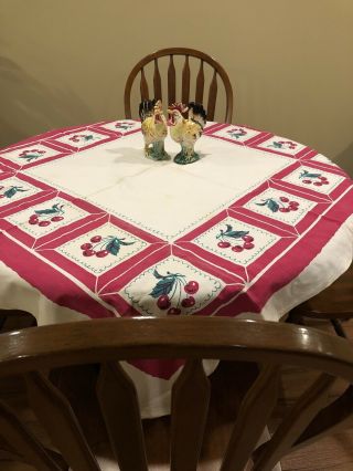 Vintage Startex Linen Square 45” X 49” Cherry Tablecloth Usa