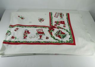 Vintage Christmas Tablecloth 79 " X 61 " Rectangle Red White Carolers Bells
