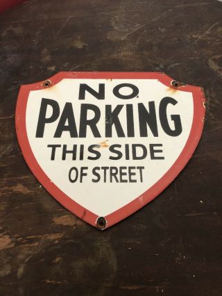 Vintage City Street Sign No Parking Porcelain Gas Pump Oil Can Garage Station