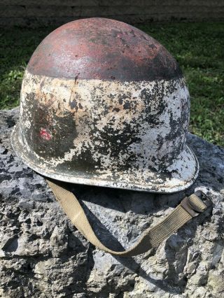 Wwii Us M1 Fixed Bale Helmet Steel Pot Medic Chaplain Painted Red Cross