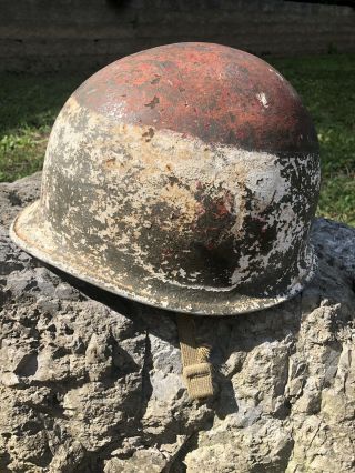 WWII US M1 Fixed Bale Helmet Steel Pot Medic Chaplain Painted Red Cross 2