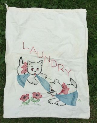 Vintage Hand Embroidered Laundry Bag 2 Cats Kitties Kittens Bows Flowers