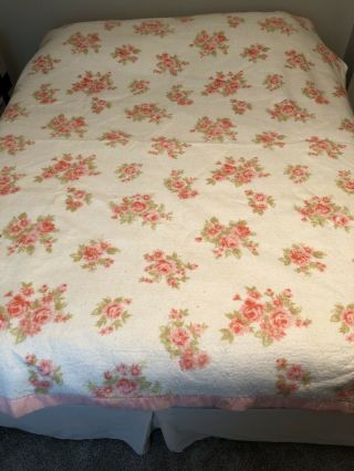 Vintage Acrylic Blanket White Pink Floral Satin Trim Pink 72 X 88 Roses Full