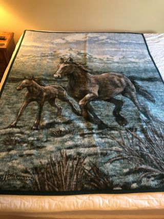 Vintage Biederlack Blanket Horse Foal Running Reversible 75 " X 58 " (857)