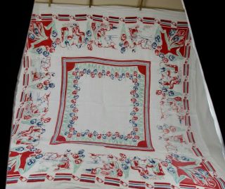 Vintage Linen Tablecloth,  Dutch Theme,  Red,  Blue,  Green On White.  Darling.
