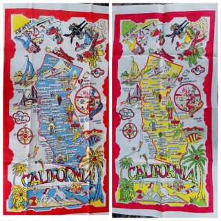 Set Of 2 Vintage California Map Tea Towel Linen 1950 