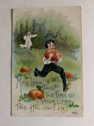 Halloween Postcard Signed Hbg Boy Running From Ghosts L&e Series2272