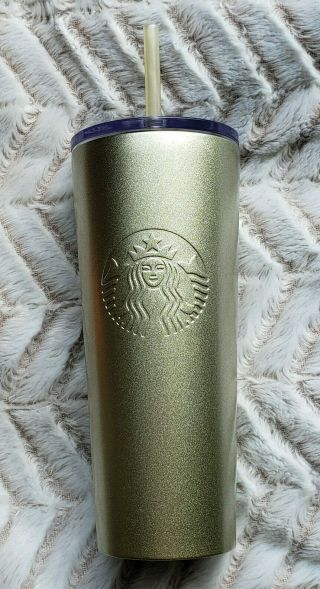 Rare Starbucks Silver/light Gold Stainless Steel Tumbler Cold Cup (16 Oz)