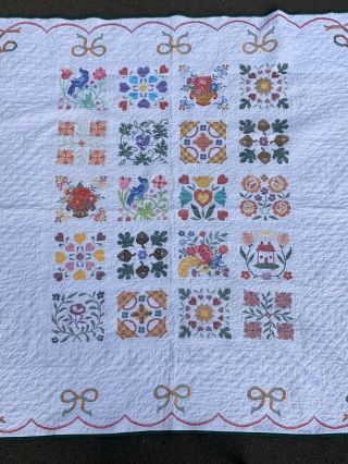 Vintage Handmade Cross Stitch Colorful Quilt Blanket 84”x 88”