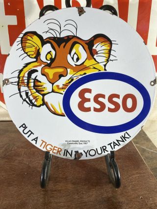 1957  Esso  Put A Tiger In Your Tank Porcelain Gas & Oil Sign 12 Inch