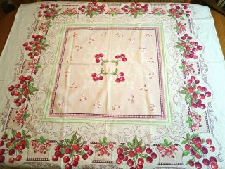 Vintage Pink Red Cherry Floral Tablecloth Scroll Border Kitschy Square 48 X 48