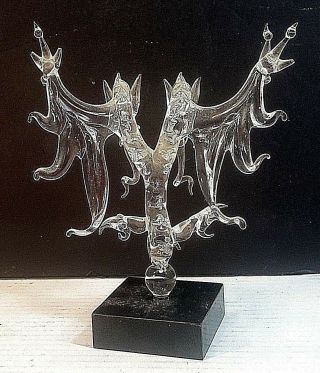 Hand Crafted Blown Art Glass Two Headed Dragon Figurine On A Black Square Base.