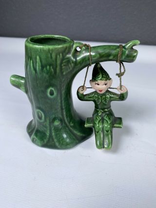 Vintage Treasure Craft Green Pixie Swinging On A Tree Limb Bud Vase