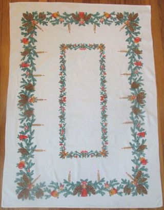 Vintage Christmas Tablecloth W Pinecones Candles Evergreen Ornaments 51 " X 37 "