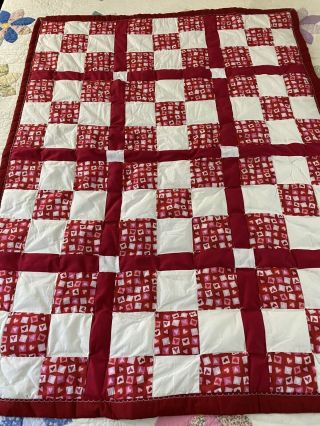 Vintage Handmade Nine Patch Quilt Red & White 40 " X 53 " 513