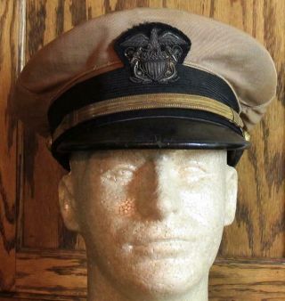 Pre Wwii Us Navy Usn Officers Bullion Eagle Anchors Badge Khaki Cap Large Size